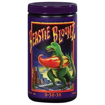 Purple Beastie Bloomz supplement jar with a green monster label and red flower graphic