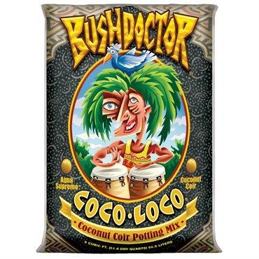 Bushdoctor Coco-Loco coconut coir potting mix bag with cartoon face and palm leaves