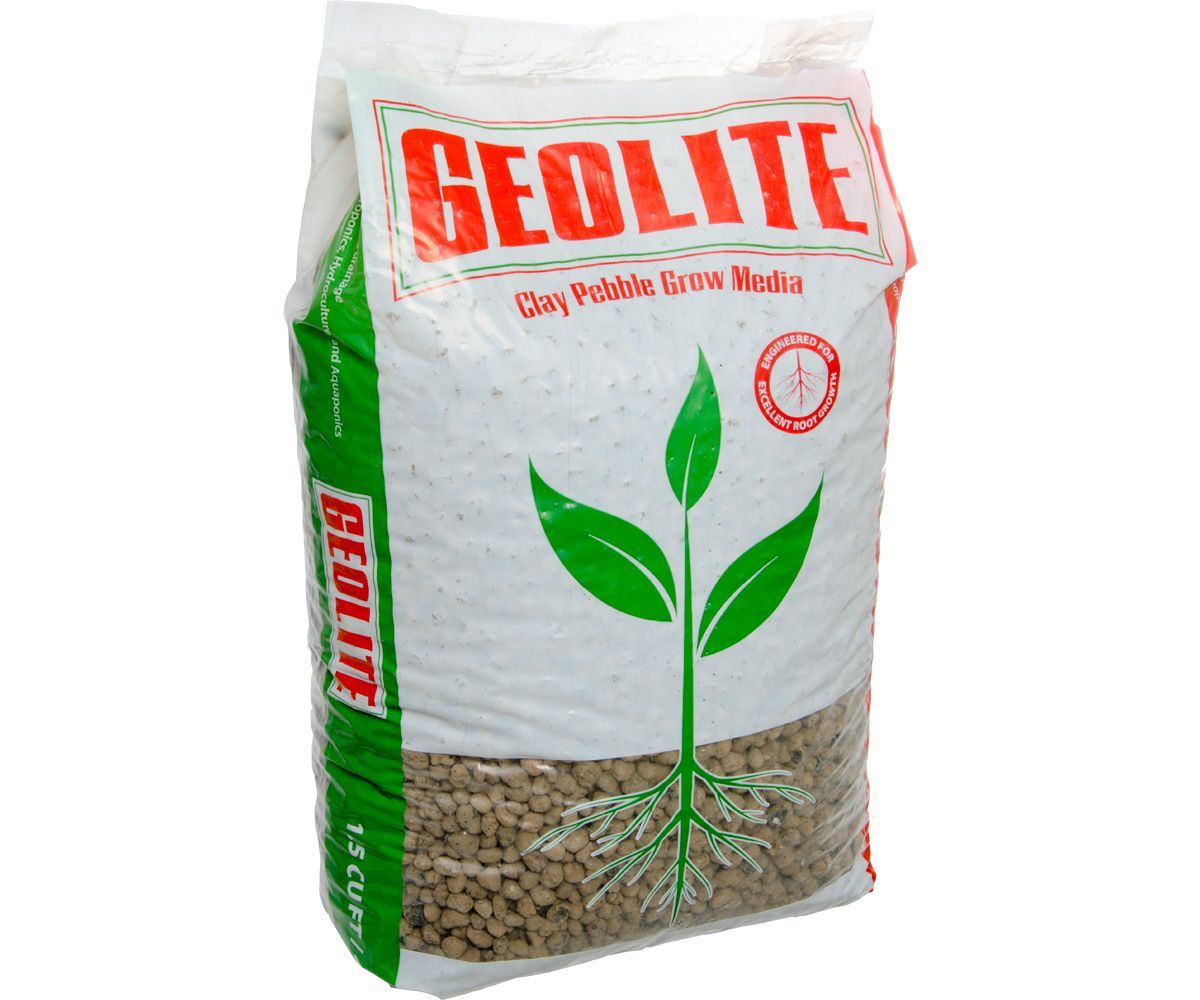 Bag of Geolite growing medium, white and green packaging with red logo and plant graphic