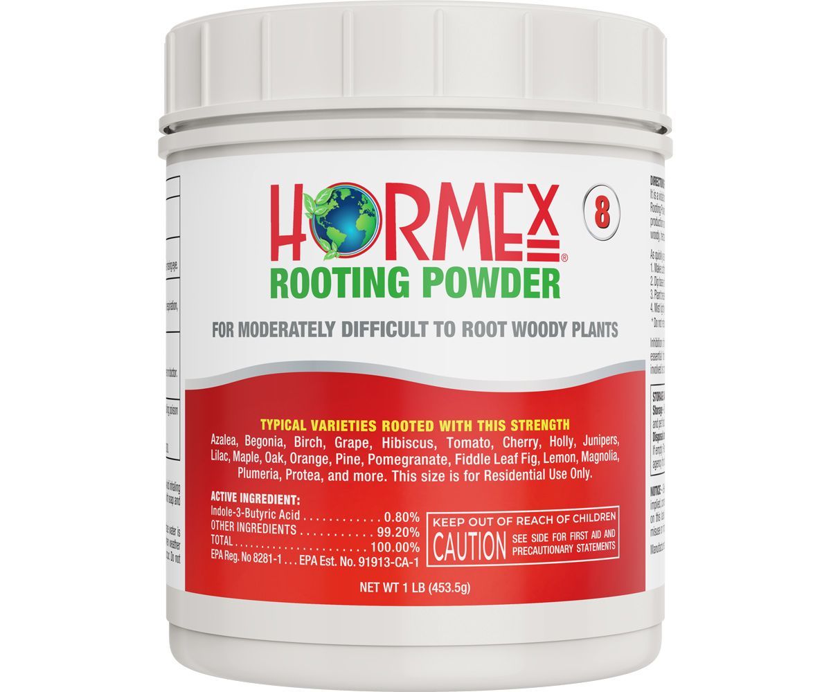 Hormex Rooting Powder in white plastic jar with red label and white cap