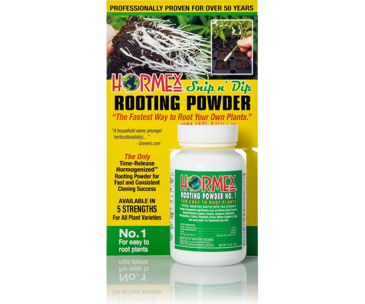 Kormex rooting powder bottle with yellow-green packaging and plant cuttings on the label