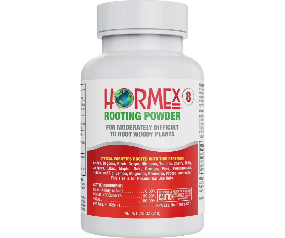 White bottle of Hormex 8 rooting powder with red label and cap on a plain background