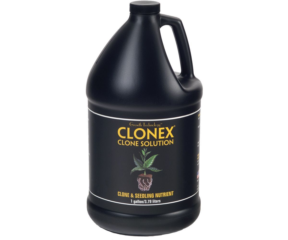 Black jug labeled “CLONEX Clone Solution” with a plant image on the front