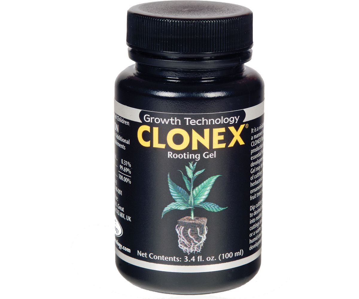 Black bottle of Clonex rooting gel with green plant sprout on the label