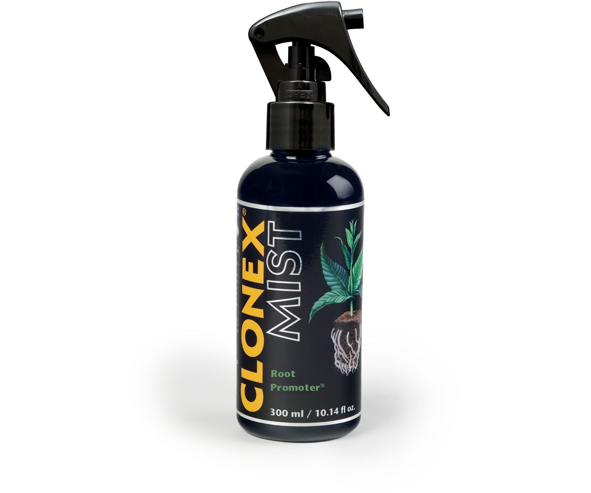 Black spray bottle labeled “CLONEX MIST” with a plant graphic on a white background