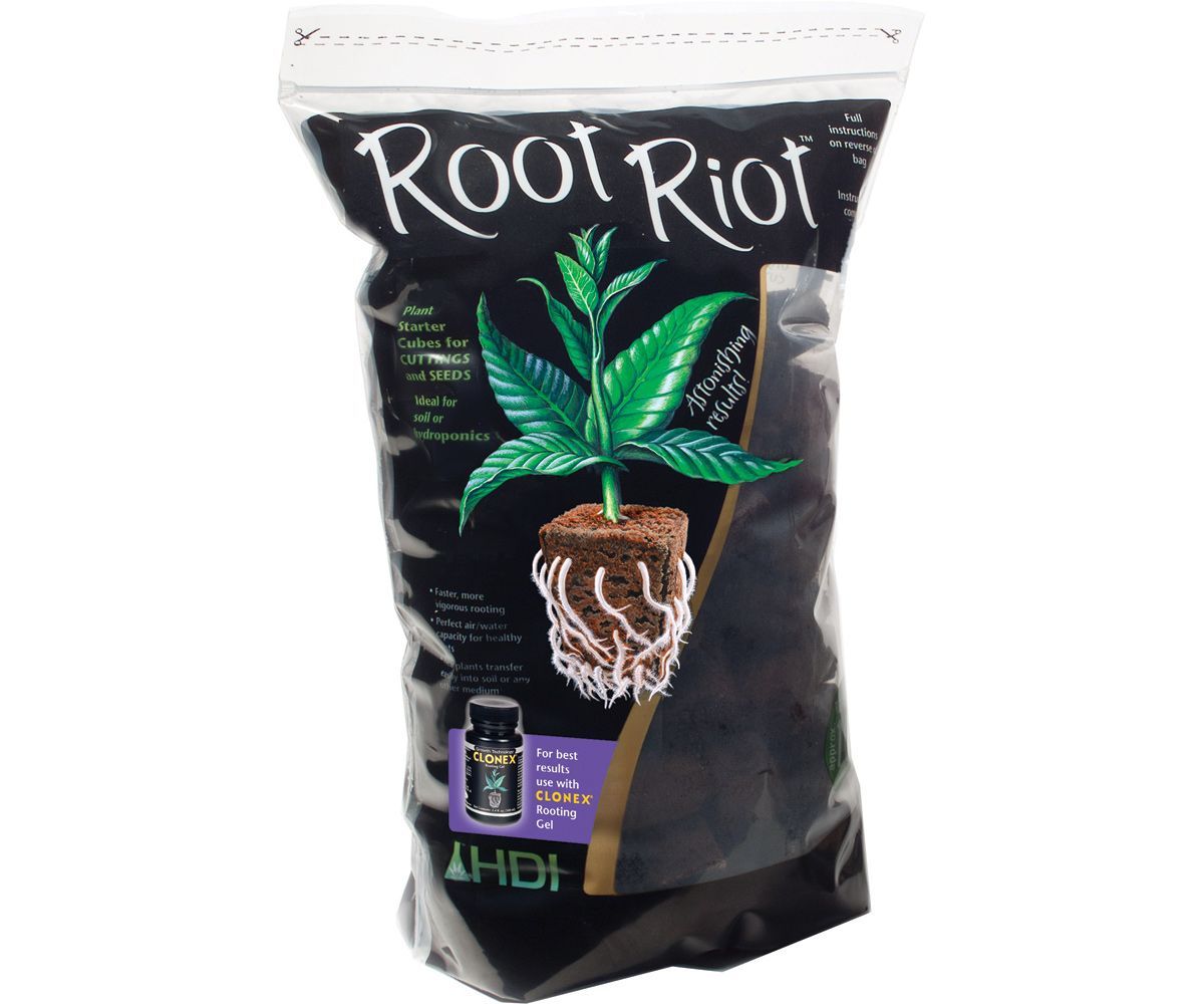 Root Riot seed-starting mix bag with cannabis plant graphic and dark packaging