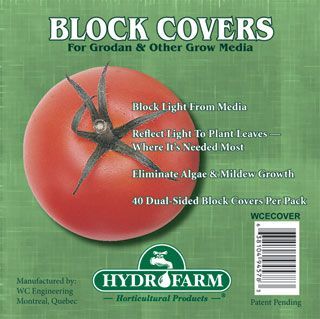 Hydrofarm block covers ad showing a red crop block under a black star-shaped cover on green background