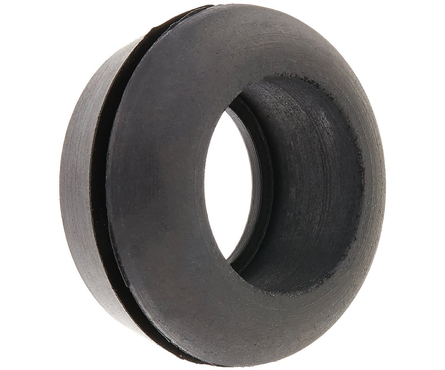 Black rubber grommet ring with a central hole, isolated on a white background