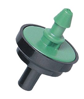 Green and black plastic irrigation emitter with a tapered nozzle and circular cap