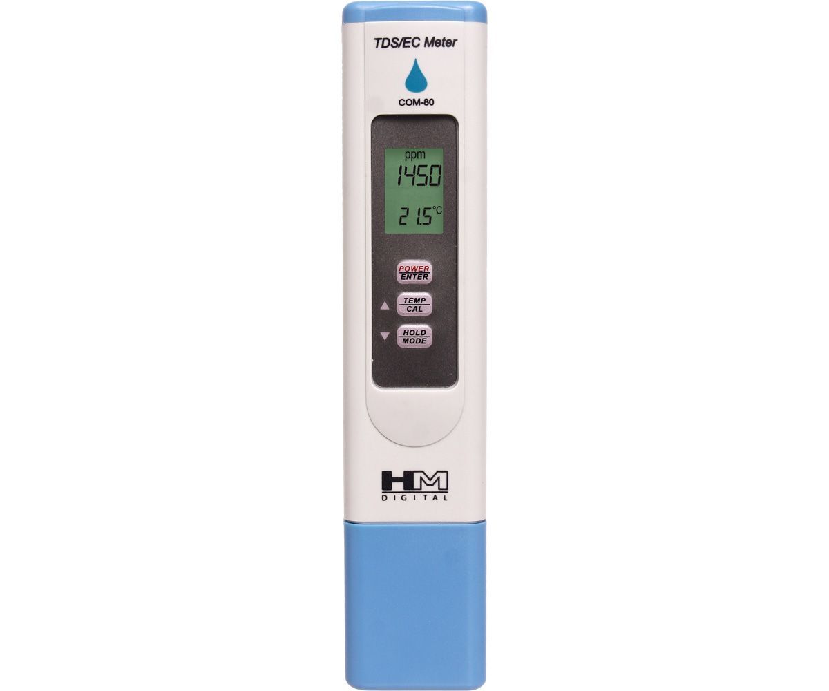 Handheld digital pH meter with green display and blue lower cap on white background