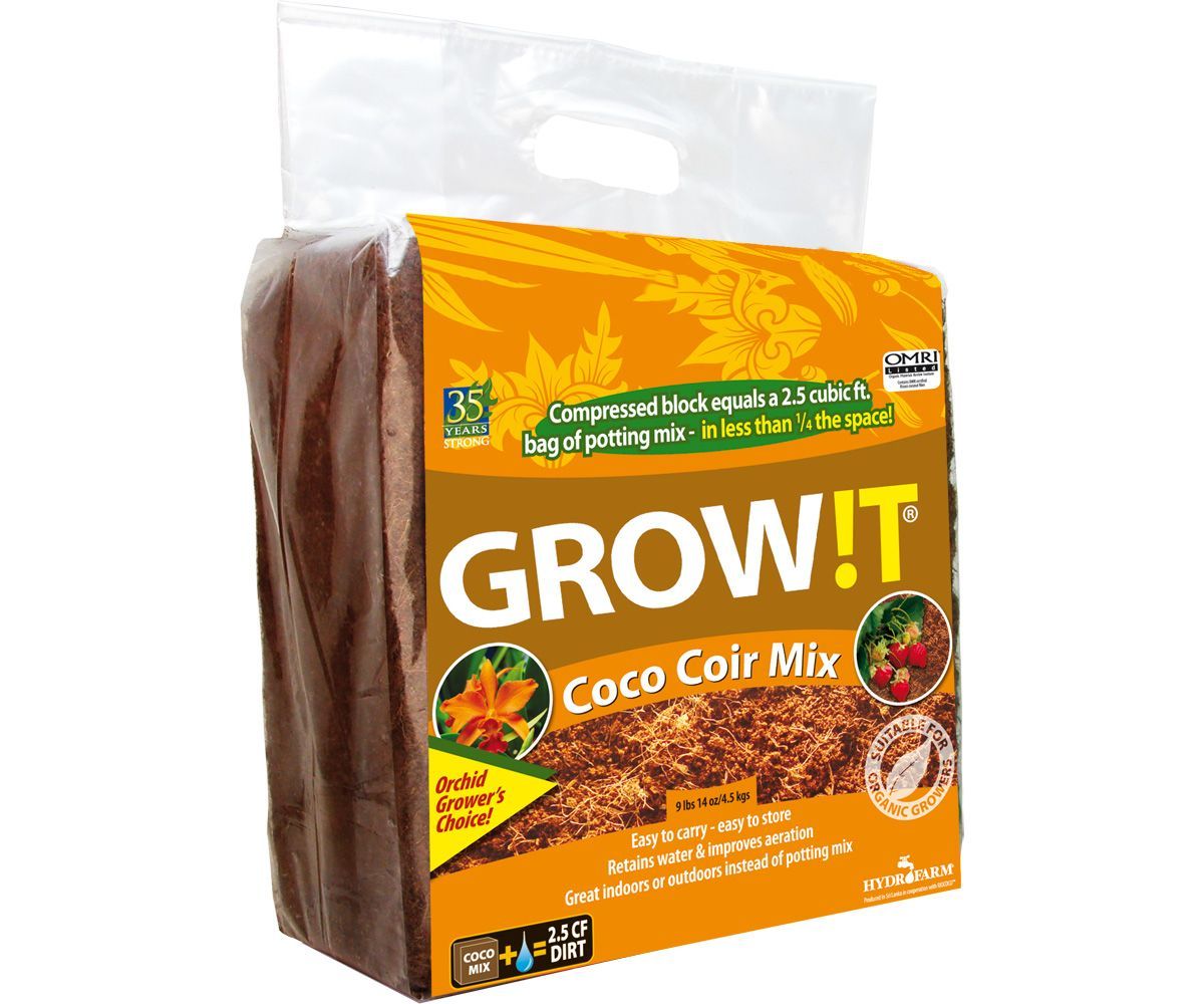 Orange bag of GROW!T Coco Coir Mix growing medium with clear top and soil image