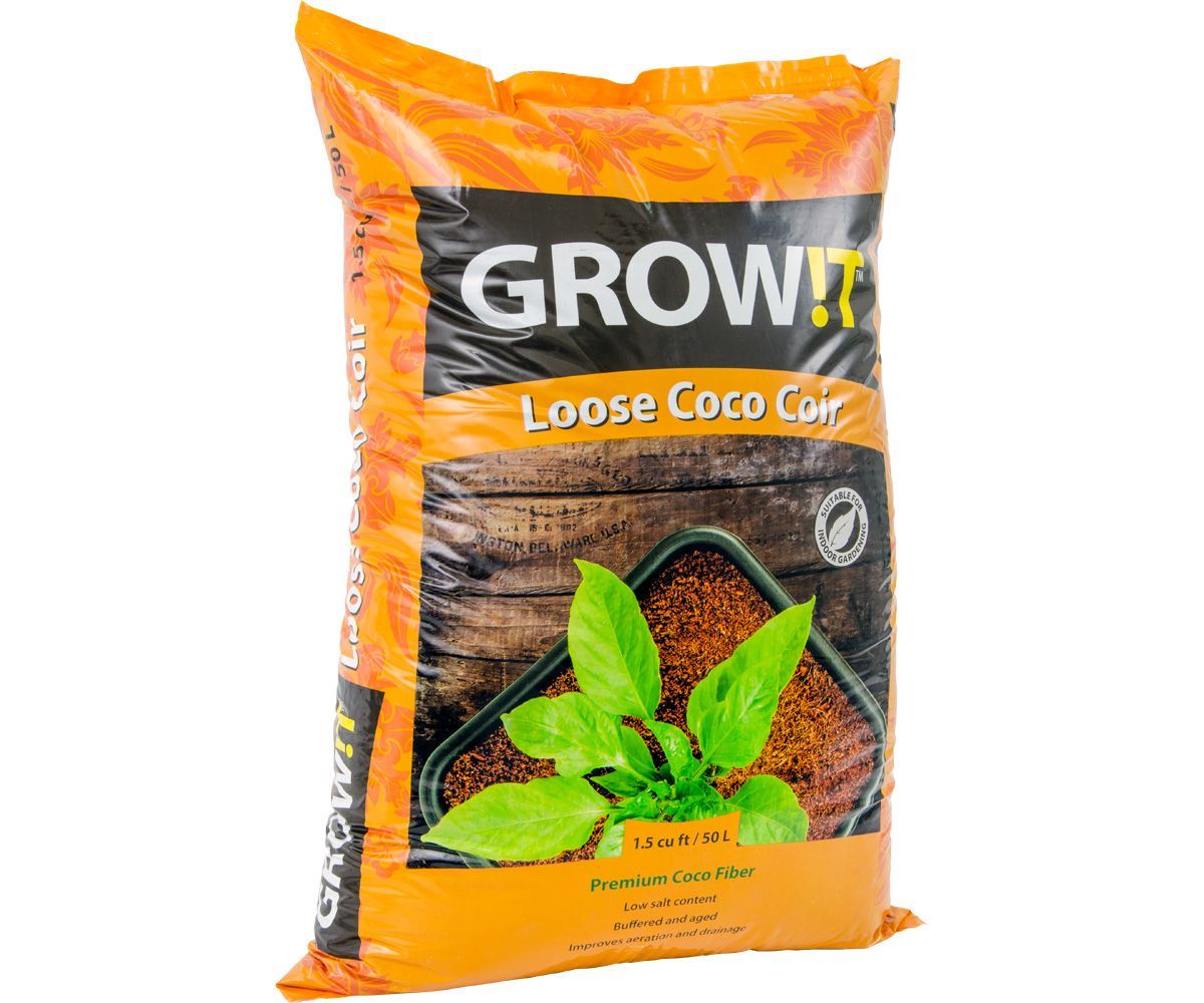 Orange bag of Growit loose coco coir with a green seedling graphic on the front.