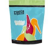 Roots Organics product bag with colorful bird illustration on a blue background