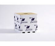 White branded cardboard box on a white background with a tan lid and repeating logo pattern