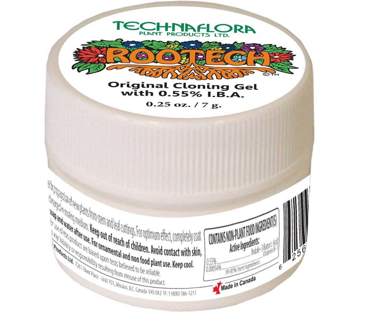White jar of TechniFlora RootTech Original Cloning Gel with multicolored label.