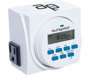White autopilot electronic timer device with digital display and blue buttons