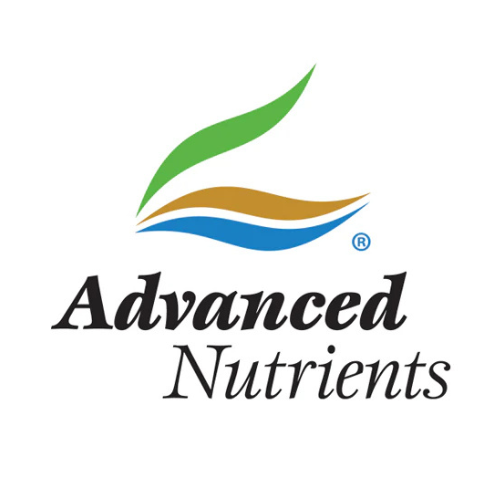 Advanced Nutrients logo with green, blue, and gold swooshes above black text