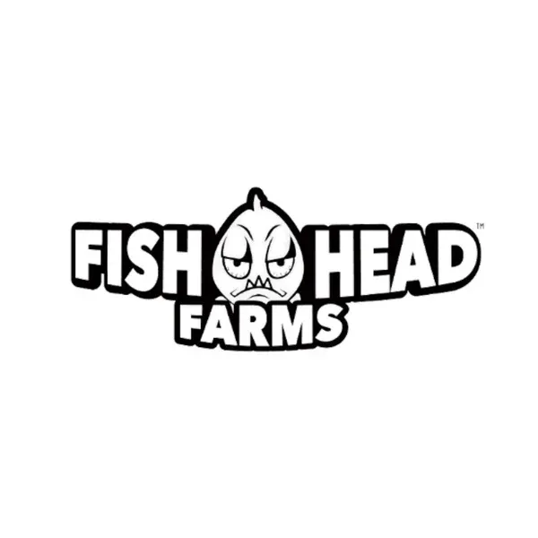 Black-and-white Fish Head Farms logo with stylized fish head and bold text