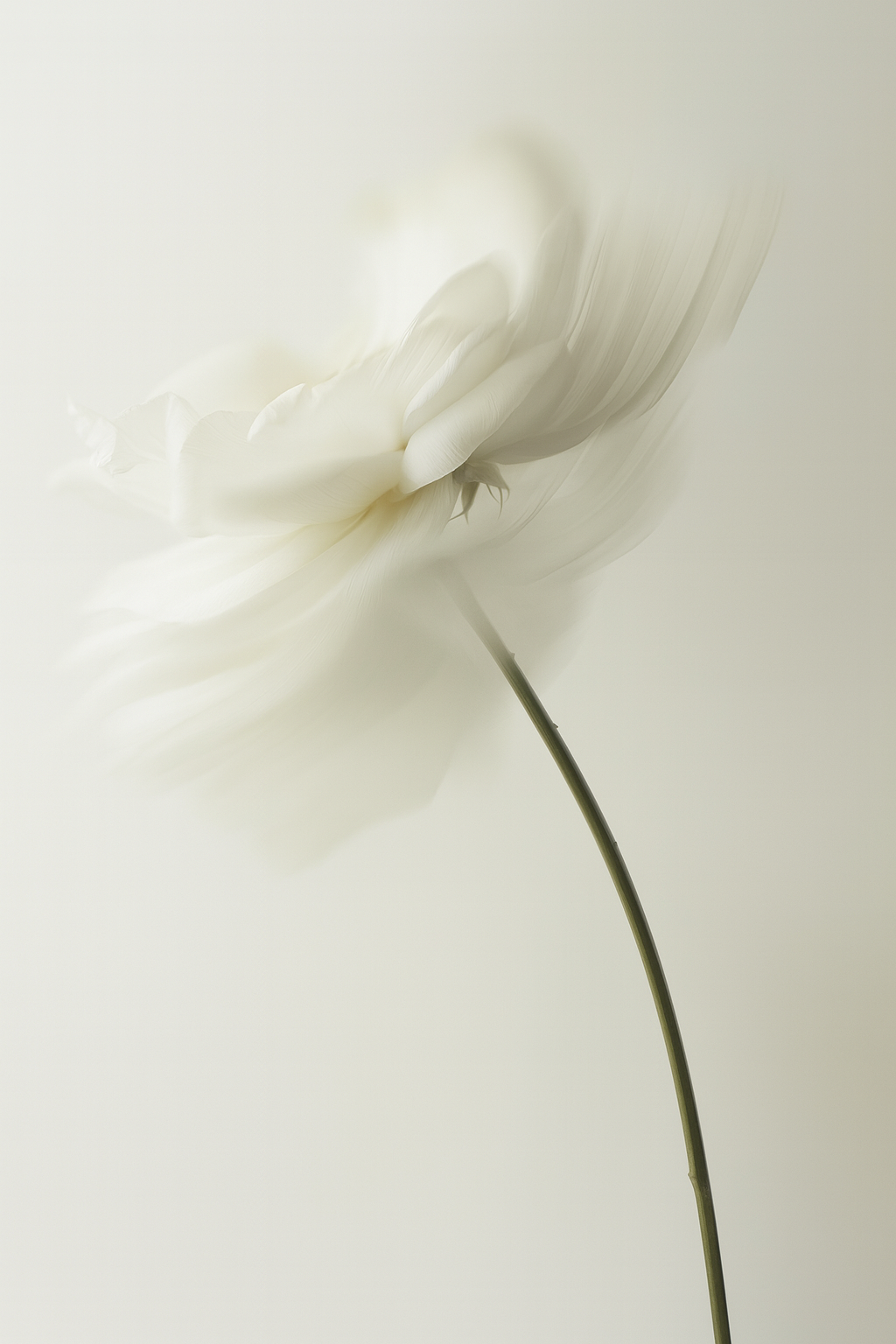 Fiore bianco con petali sfumati su uno stelo sottile, su uno sfondo tenue e pallido.