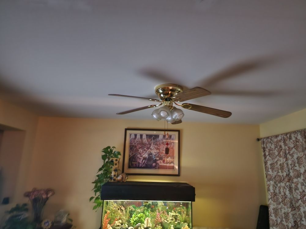 Ceiling fan casting shadows over a room with a fish tank, artwork, and curtains.