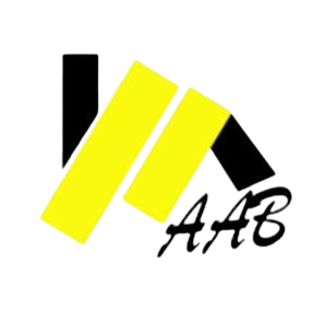 A black and yellow logo for aab on a white background