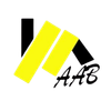 A black and yellow logo for aab on a white background