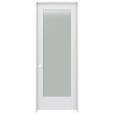 A white door with a clear glass panel on a white background.