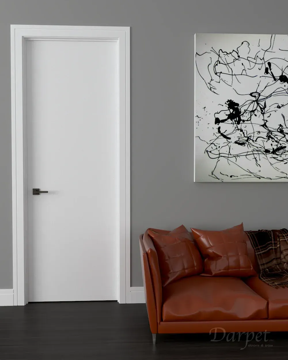 A living room with a brown couch and a white door