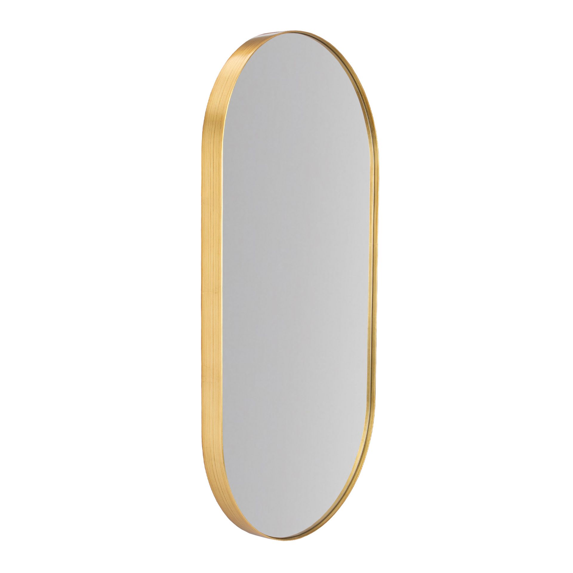 Oval mirror with a gold-colored frame, angled slightly to the side.
