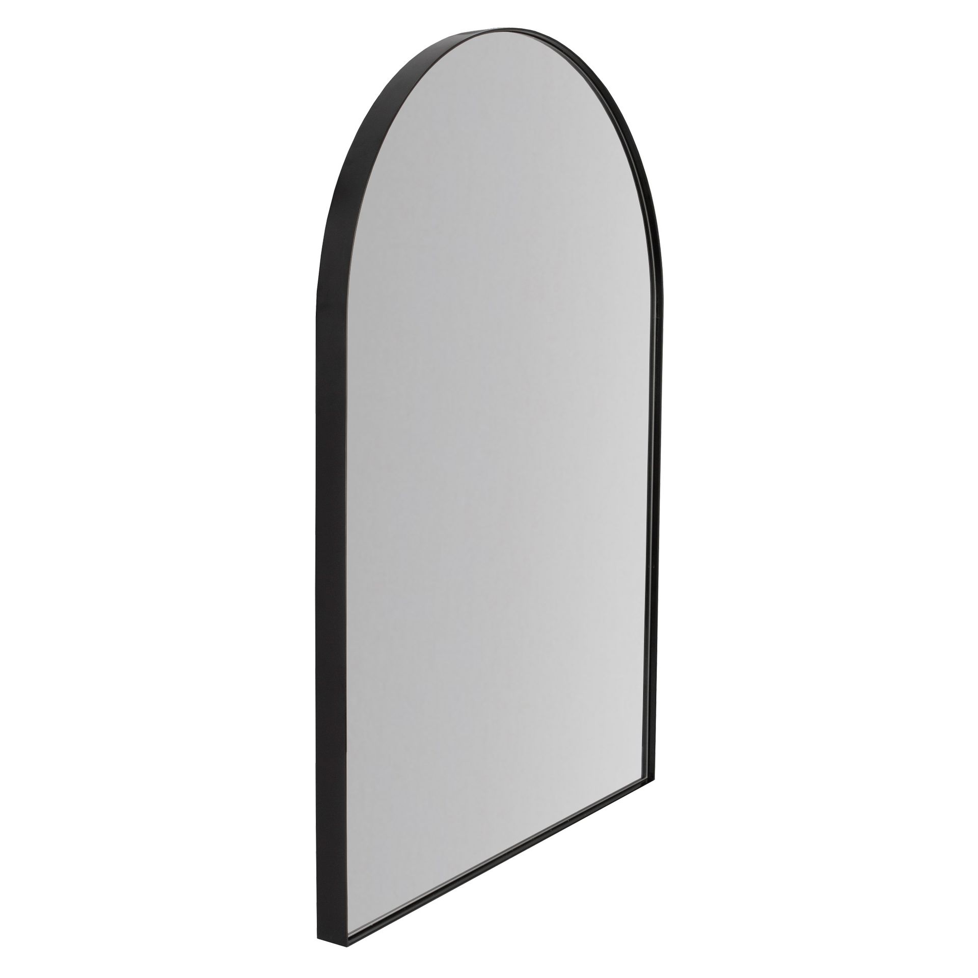 Black framed, arched mirror against a white background.
