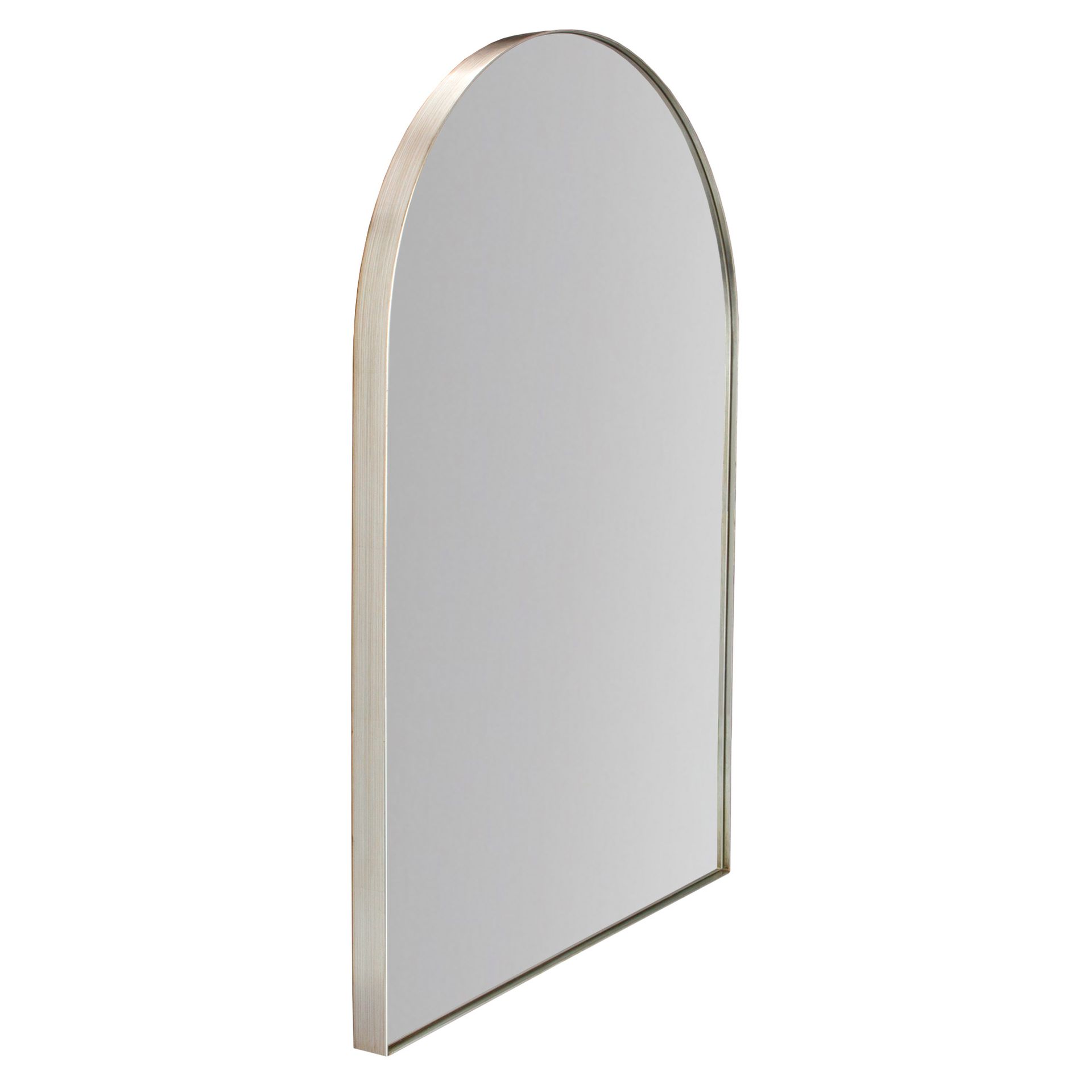 Arched-top mirror with a silver frame, angled view.