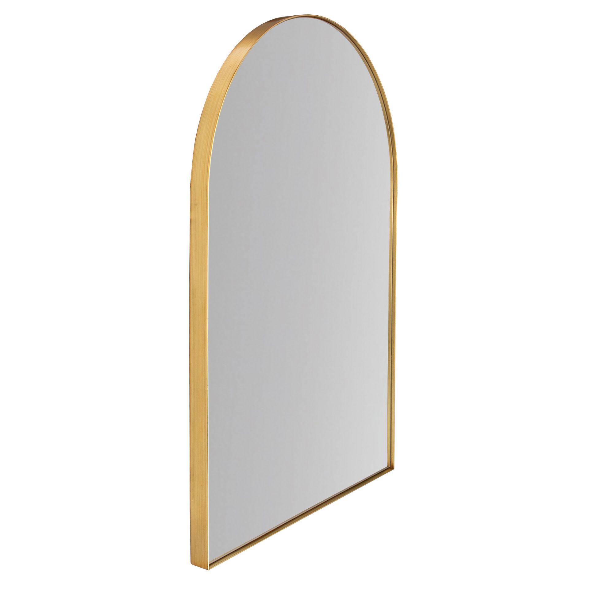 Gold-framed, arched mirror angled slightly toward the viewer. White wall reflected.