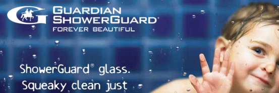 A smiling person presses their hand against clear glass against a blue tiled background, featuring the ShowerGuard logo.