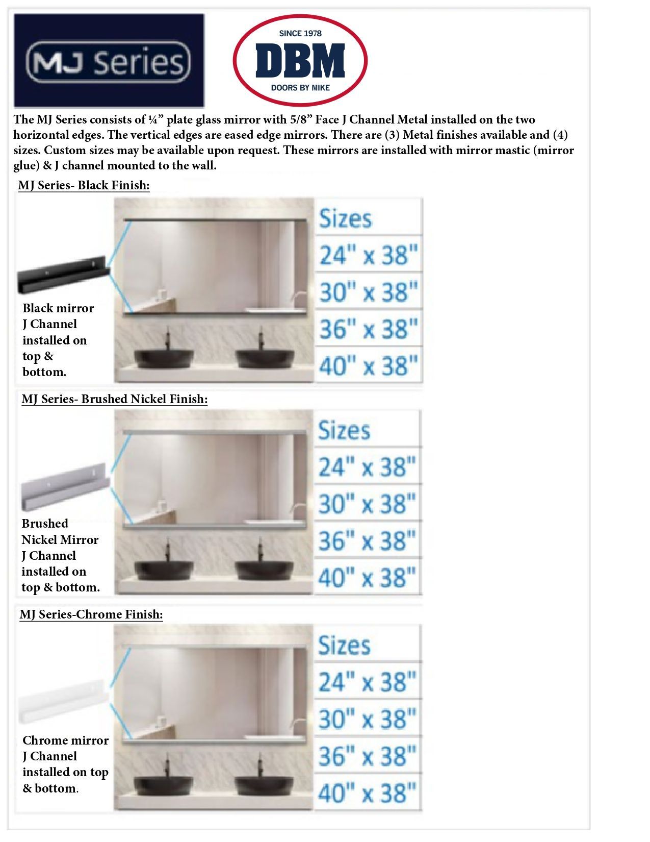 Product sheet for MJ Series mirrors, showing different styles and sizes.