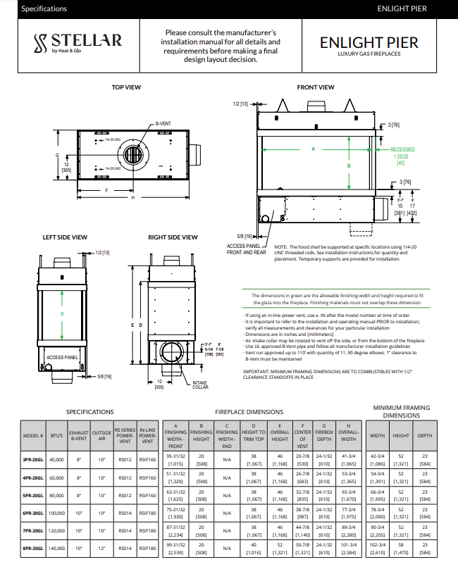 Diagram of an ENLIGHT PIER fireplace, featuring top, front, and side views with dimensional specifications.