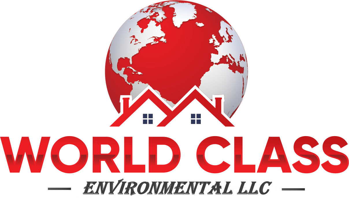 World Class Environmental LLC logo with red globe and house roofs above red and black text
