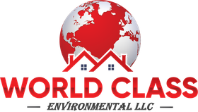 World Class Environmental LLC logo with red globe and house roofs above red and black text