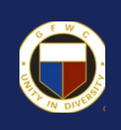 GFWC Unity in Diversity emblem: white, blue, and red shield on dark blue background