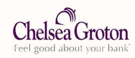 Chelsea Groton bank logo with purple text and the slogan “Feel good about your bank”