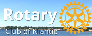 Rotary Club of Niantic logo over a waterfront scene with a yellow gear emblem and white text