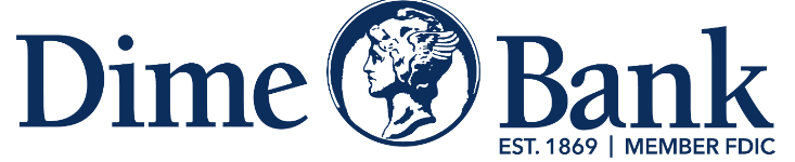 Dime Bank logo with blue text and circular globe emblem, EST. 1859 Meriden, CT.