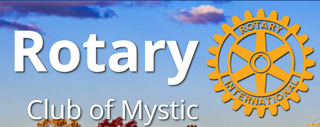 Rotary Club of Mystic logo with white text and gold gear on a blue sky background