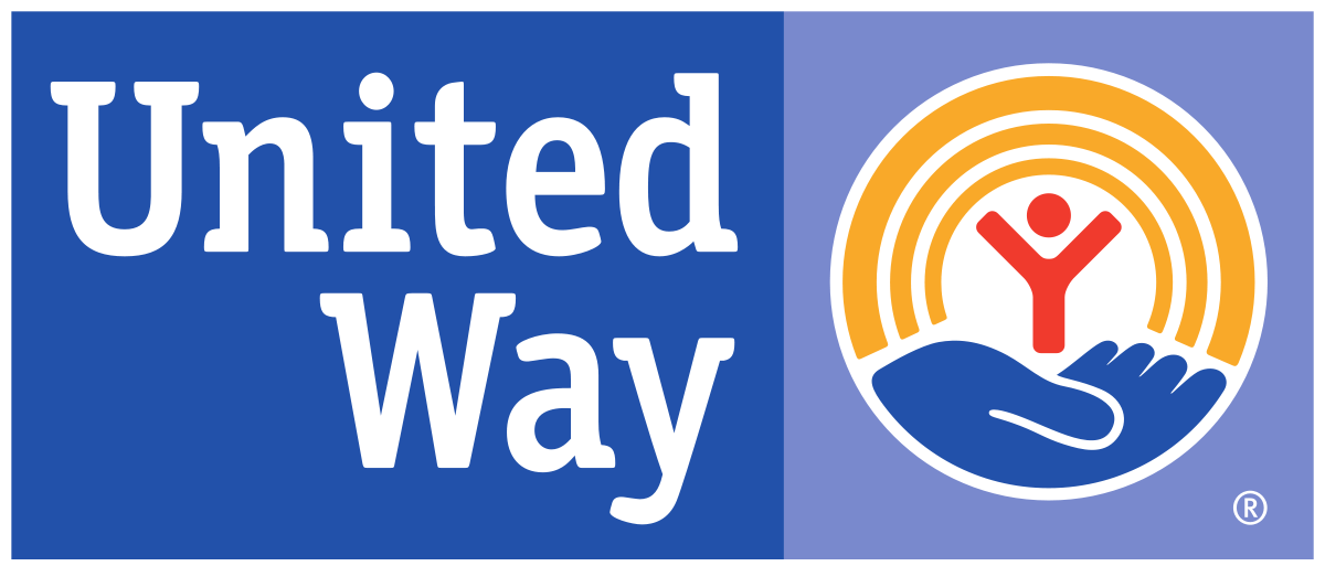 United Way logo on blue background with white text and a circular hand-and-figure emblem