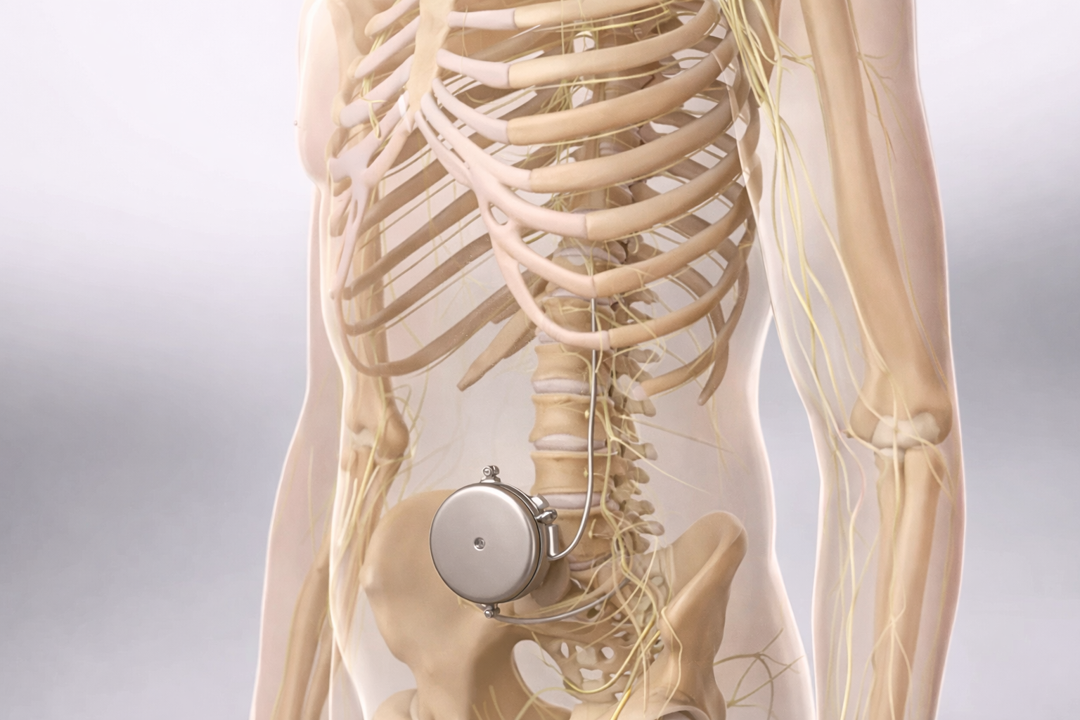 Ilustração médica de um dispositivo neuroestimulador implantado no abdômen, próximo à coluna vertebral.
