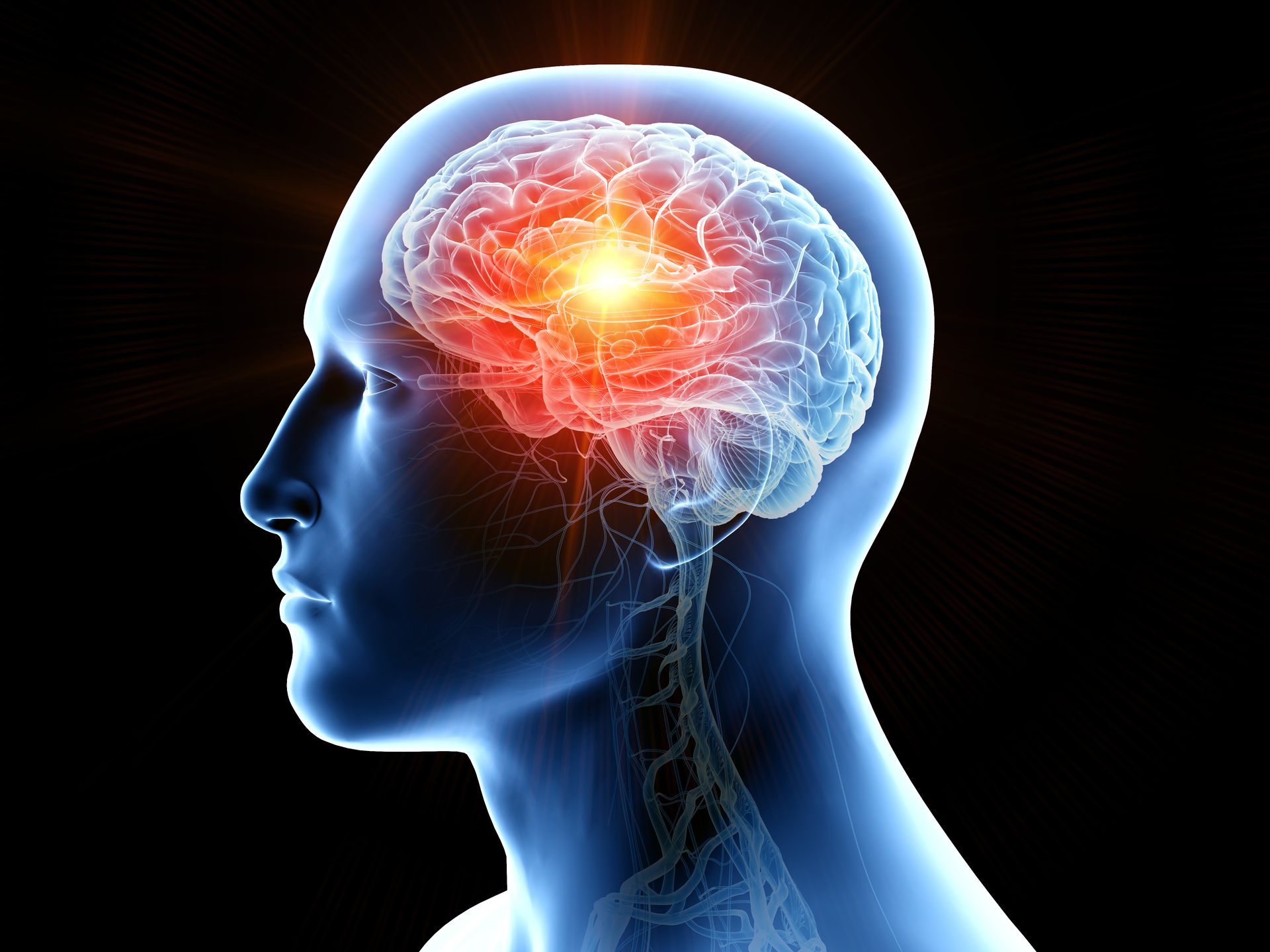 Silhueta azul de uma cabeça humana com um cérebro vermelho brilhante, indicando um problema cerebral.