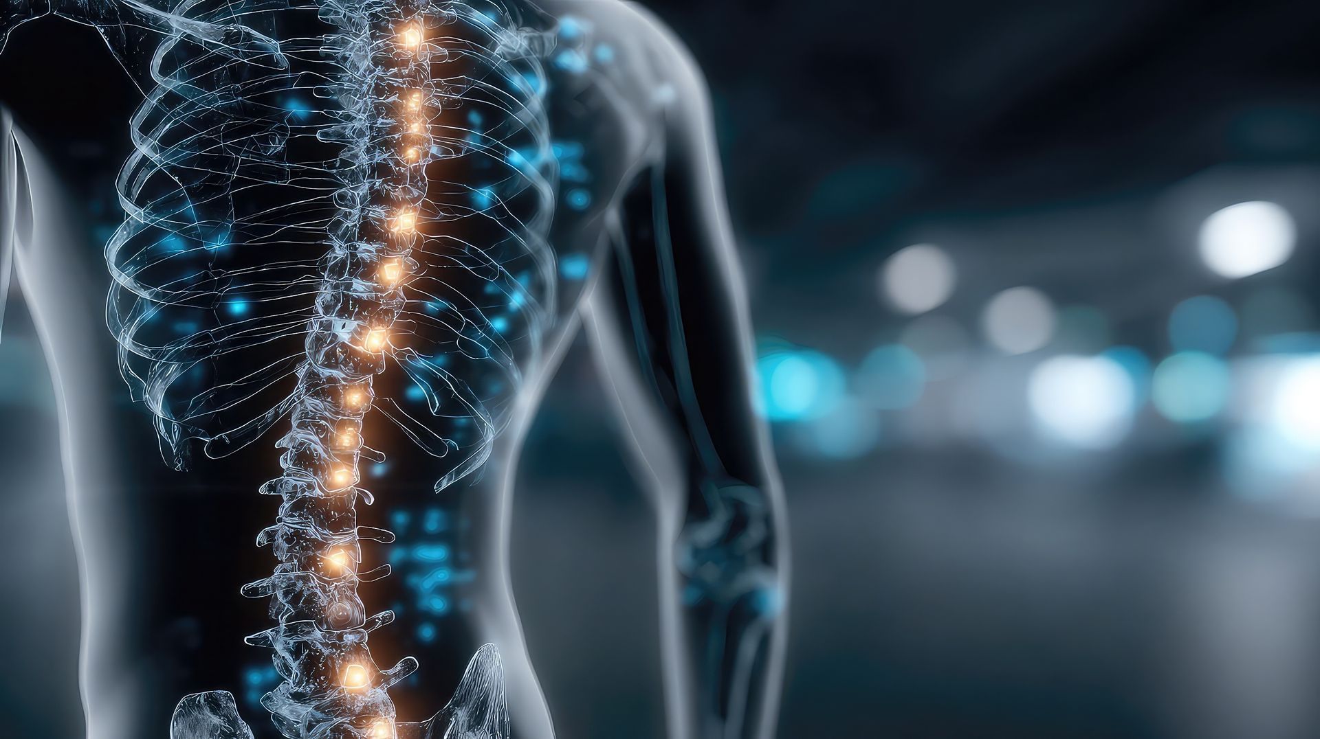 Ilustração anatômica de uma coluna vertebral com pontos brilhantes, em um fundo desfocado.