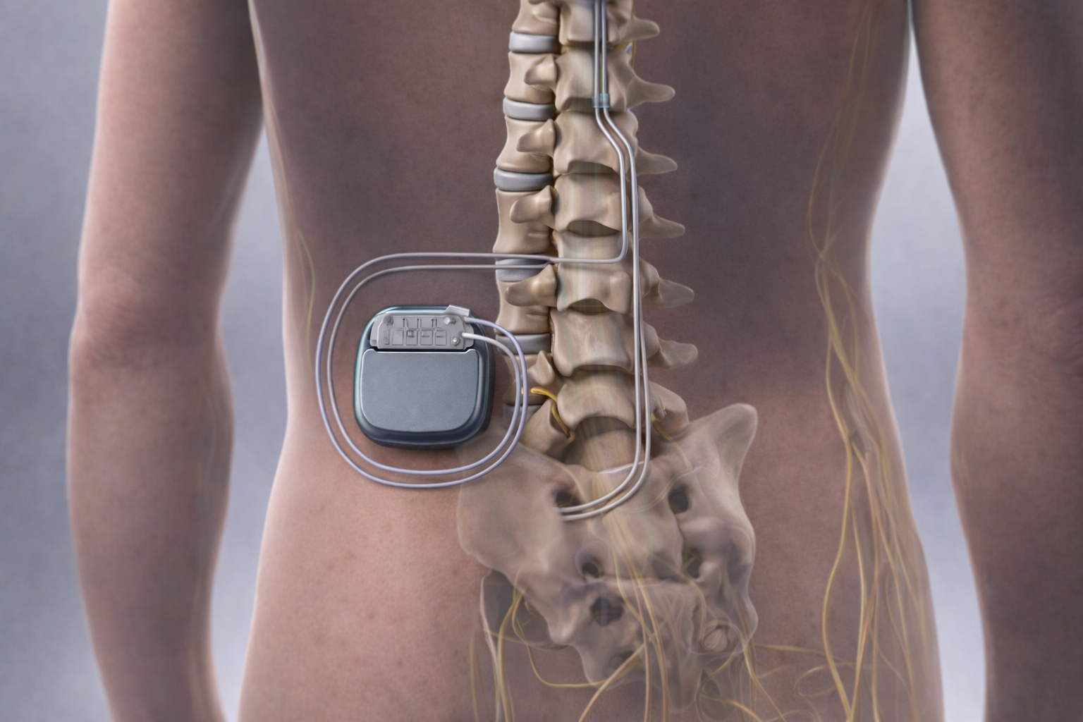 Ilustração de um estimulador da medula espinhal implantado nas costas de um ser humano, mostrando o dispositivo
