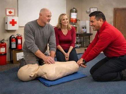 Man in blue scrubs performing CPR on a mannequin,