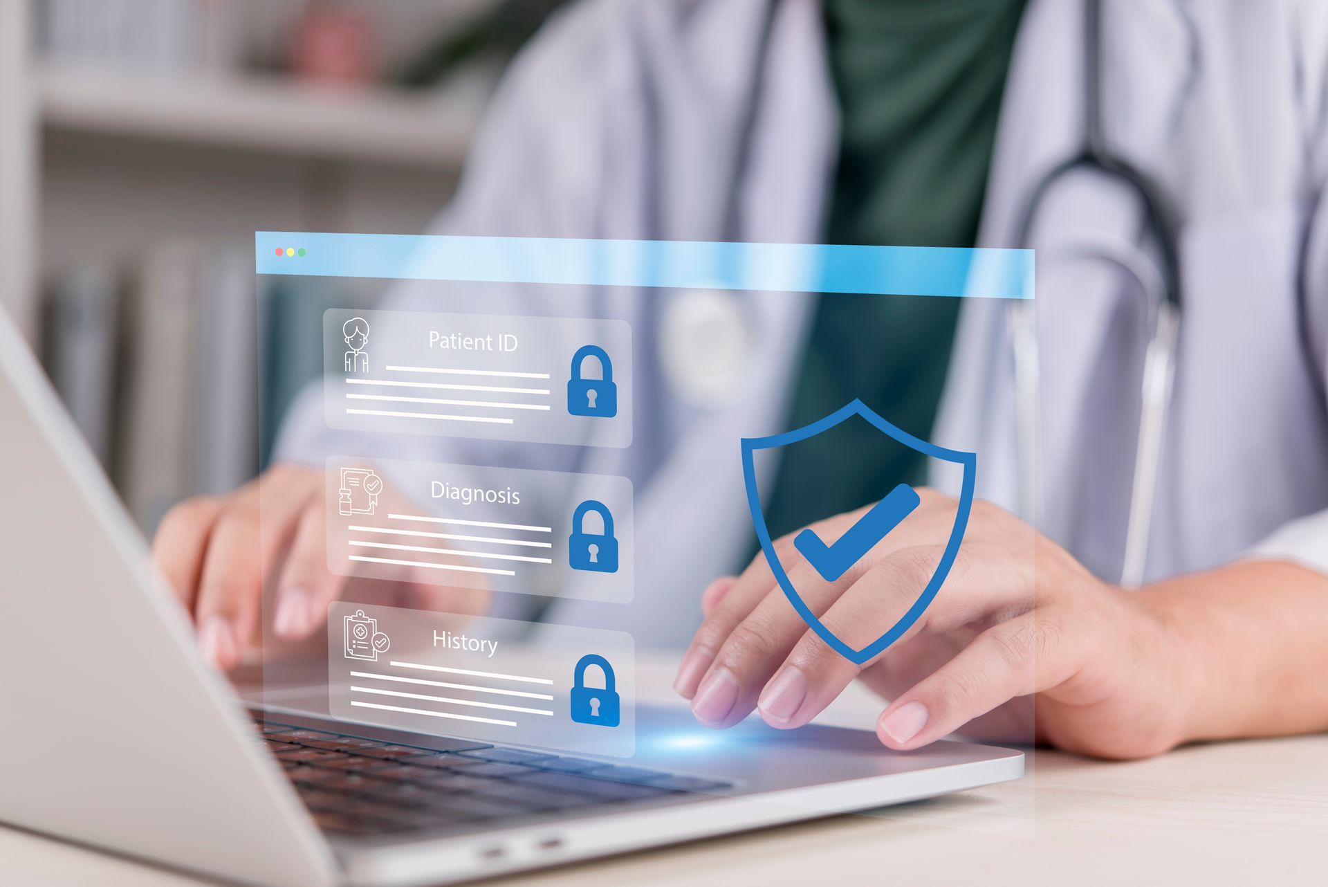 Doctor using laptop with security shield and lock icons overlaid on screen