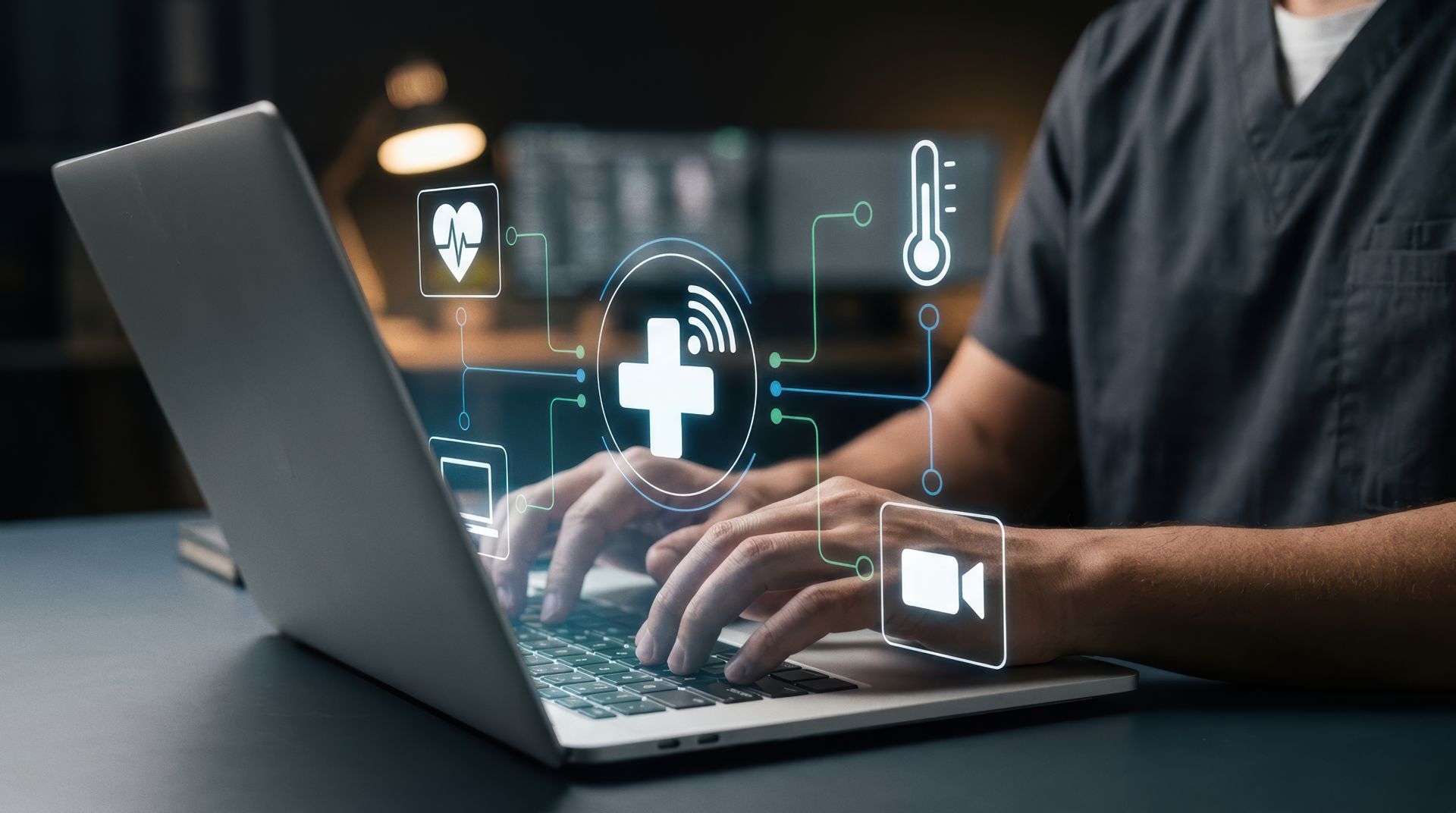 Person typing on a laptop with healthcare icons overlayed on the screen